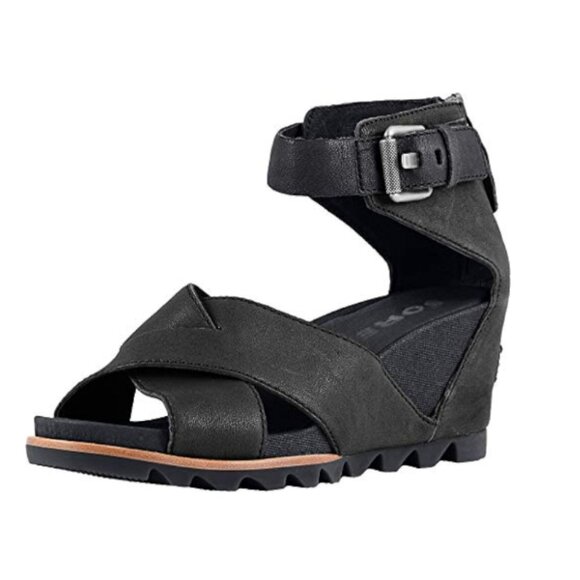Sorel Women's Black Leather Joanie II Wedges Sandals Heels Size 9.5 - Picture 7 of 7